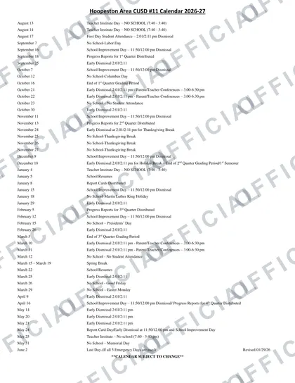 Hoopeston Area CUSD #11 2026-27 calendar