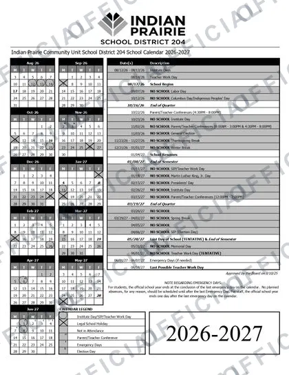 Indian Prairie IPSD District 204 2026-27 calendar