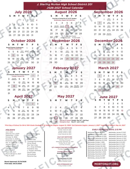 J. Sterling Morton High School District 201 2026-27 calendar