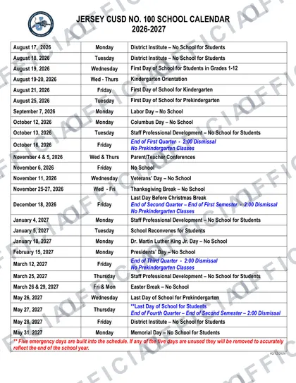 Jersey CUSD No. 100 2026-27 calendar