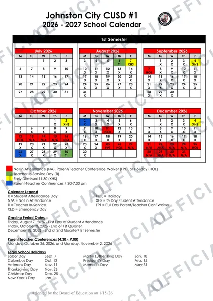 Johnston City CUSD #1 2026-27 calendar