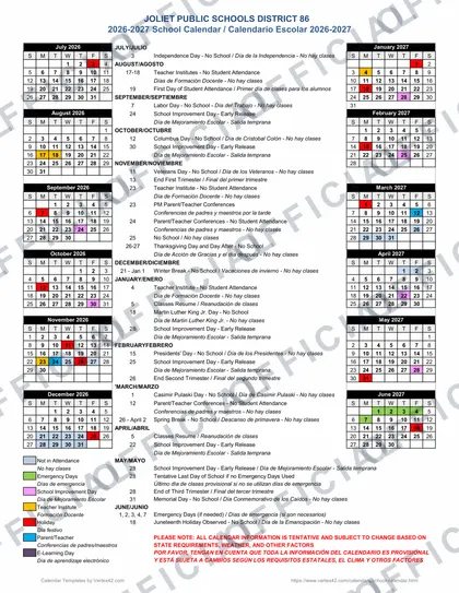 Joliet Public Schools District 86 2026-27 calendar