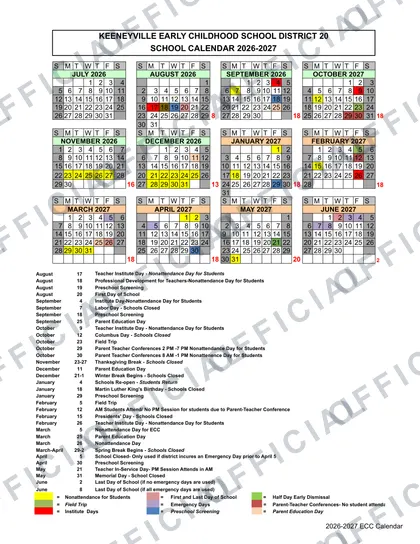 KEENEYVILLE EARLY CHILDHOOD SCHOOL DISTRICT 20 2026-27 calendar