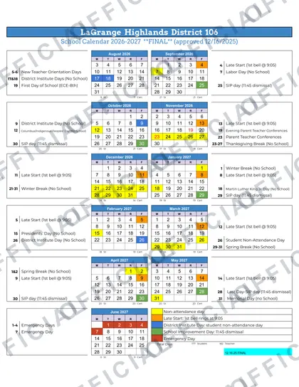 LaGrange Highlands District 106 2026-27 calendar