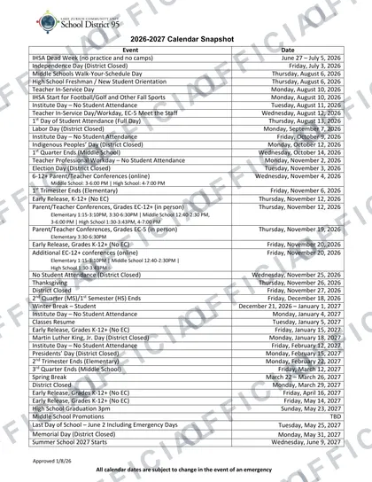Lake Zurich Community Unit School LZ95 2026-27 calendar