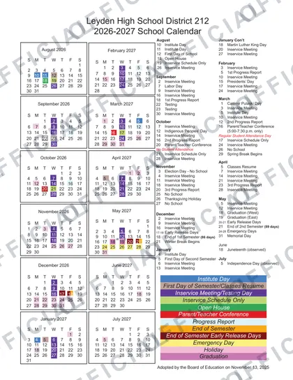 Leyden High School District 212 2026-27 calendar