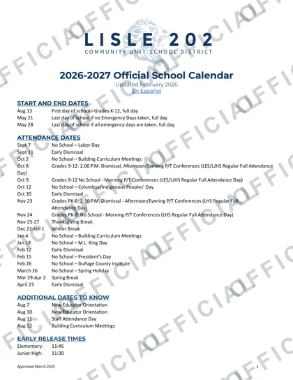 LISLE 202 Community Unit School District 2026-27 calendar