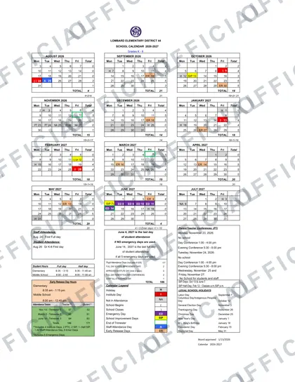 LOMBARD ELEMENTARY DISTRICT 44 2026-27 calendar