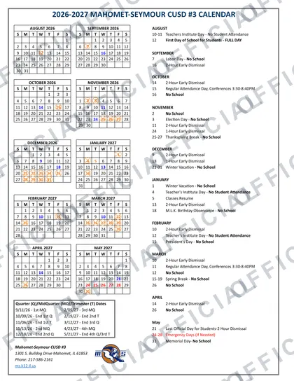 Mahomet-Seymour CUSD #3 2026-27 calendar