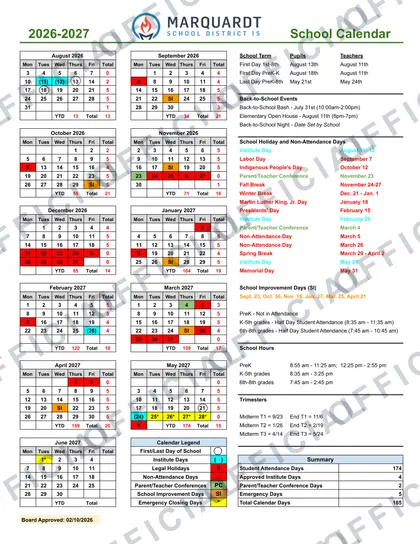 Marquardt School District D15 2026-27 calendar