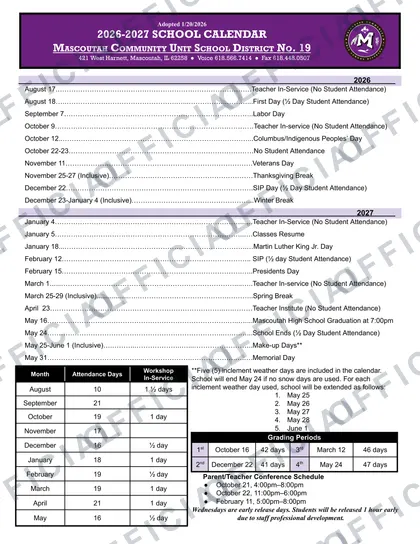 Mascoutah Community Unit School MSD 19 2026-27 calendar