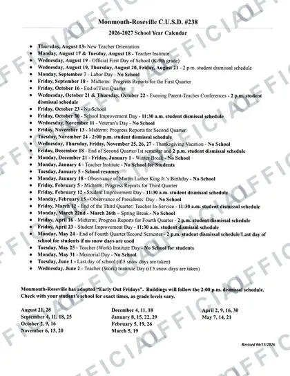 Monmouth-Roseville C.U.S.D. #238 2026-27 calendar