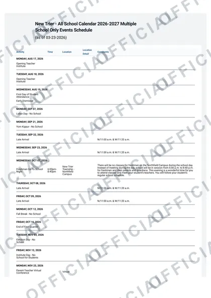 New Trier Township High School District 203 2026-27 calendar