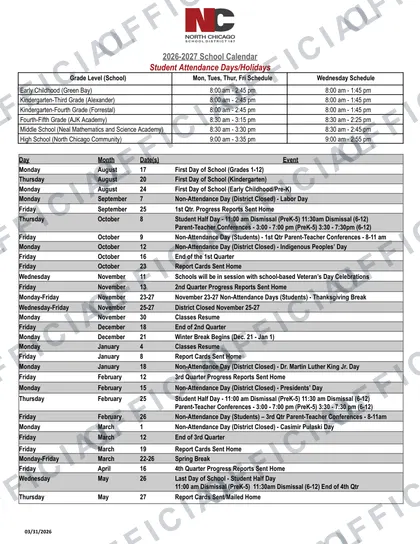 North Chicago School District 187 2026-27 calendar