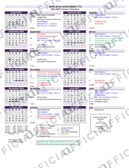 North Shore School District NSSD112 2026-27 calendar