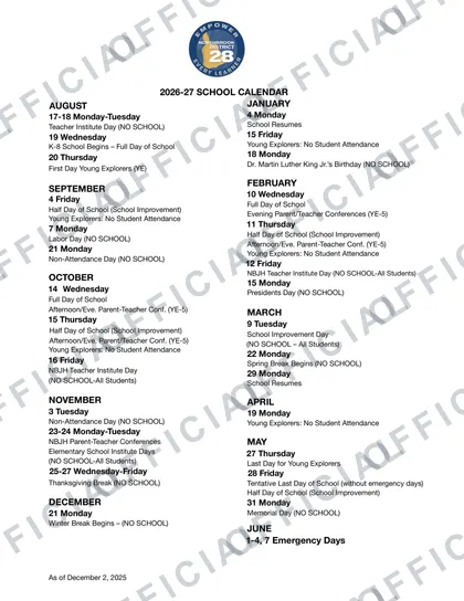 Northbrook School District 28 2026-27 calendar