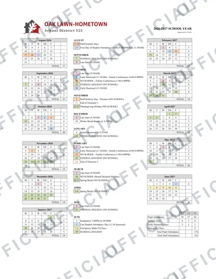 Oak Lawn-Hometown School District 123 2026-27 calendar