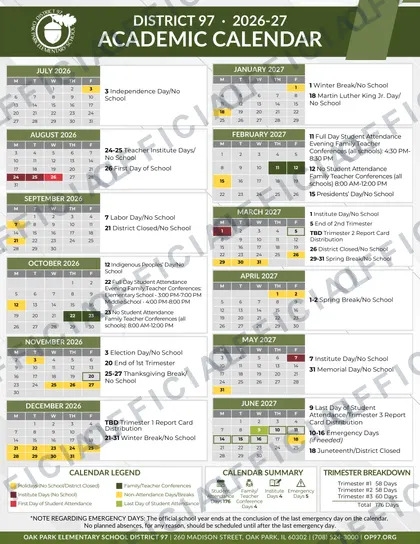 Oak Park Elementary School District 97 2026-27 calendar