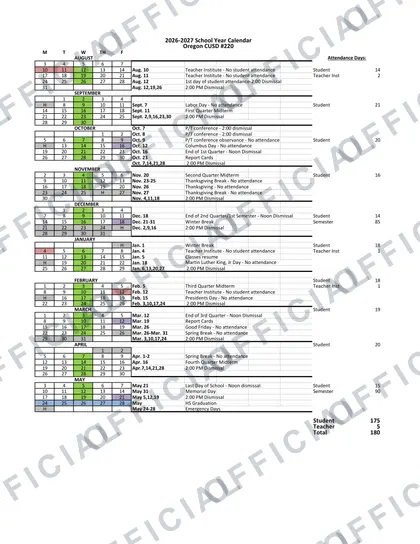 Oregon CUSD #220 2026-27 calendar