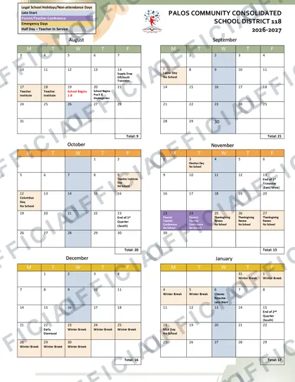 Palos Community Consolidated School District 118 2026-27 calendar