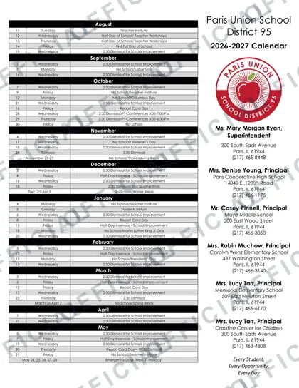 Paris Union School District 95 2026-27 calendar