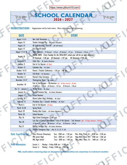 PBL Unit 10 2026-27 calendar