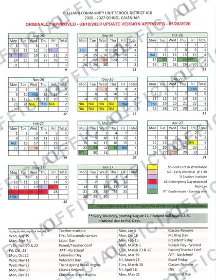 PIKELAND COMMUNITY UNIT SCHOOL DISTRICT #10 2026-27 calendar