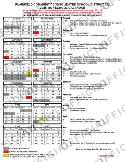 Plainfield PSD 202 2026-27 calendar