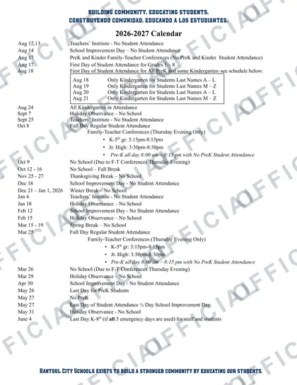 Rantoul City Schools 2026-27 calendar
