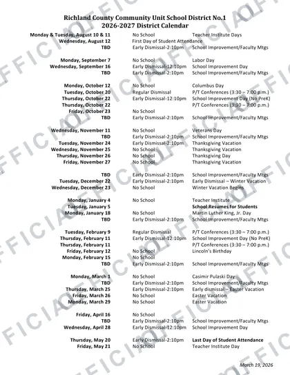 Richland County Community Unit School RCCU1 2026-27 calendar