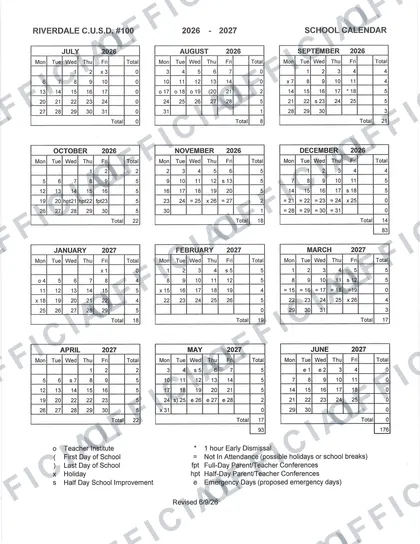 RIVERDALE C.U.S.D. #100 2026-27 calendar