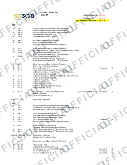 School District 308 2026-27 calendar