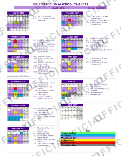 SHELBYVILLE CUSD #4 2026-27 calendar