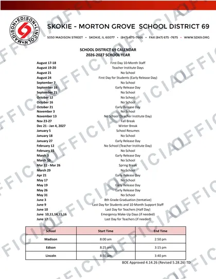 SKOKIE - MORTON GROVE SCHOOL DISTRICT 69 2026-27 calendar