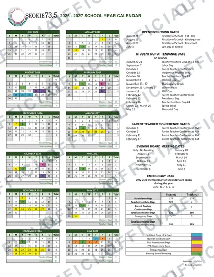 SKOKIE73.5 2026-27 calendar