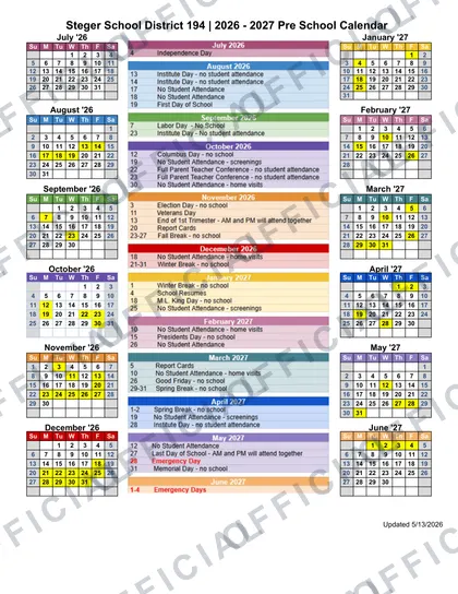 Steger School District 194 | Pre School 2026-27 calendar