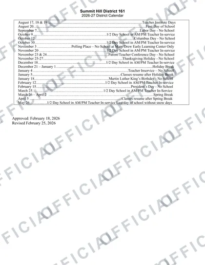 Summit Hill District 161 2026-27 calendar