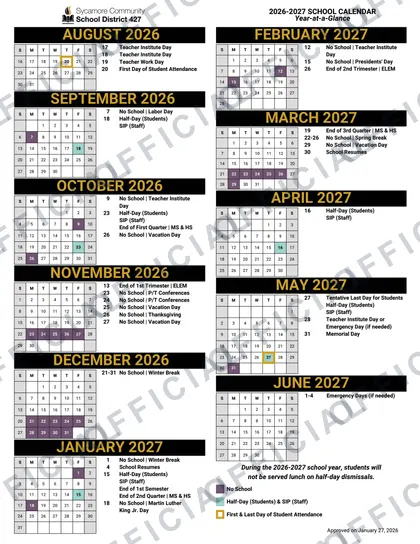 Sycamore Community School District SYC427 2026-27 calendar