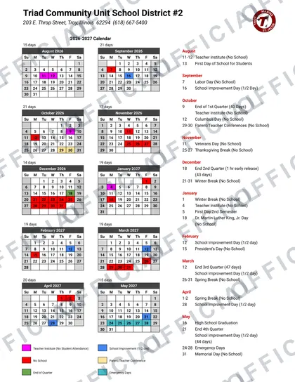 Triad Community Unit School District 2 2026-27 calendar