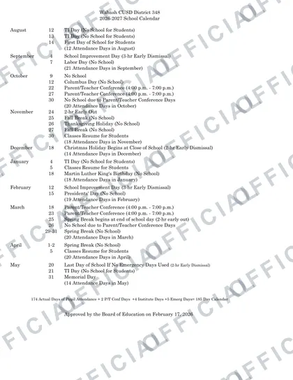 Wabash CUSD District 348 2026-27 calendar