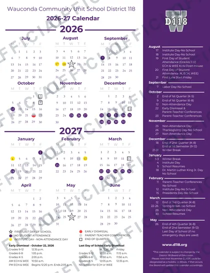 Wauconda Community Unit School d118 2026-27 calendar