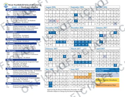 West Northfield School District 31 2026-27 calendar