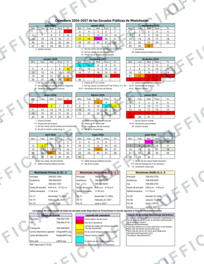 Westchester Public Schools 2026-27 calendar