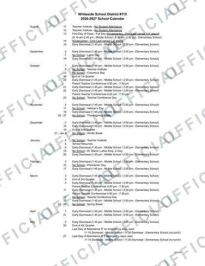 Whiteside School District #115 2026-27 calendar