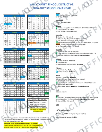 WILL COUNTY SCHOOL DISTRICT 92 2026-27 calendar