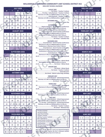 WILLIAMSVILLE-SHERMAN COMMUNITY UNIT SCHOOL DISTRICT #15 2026-27 calendar