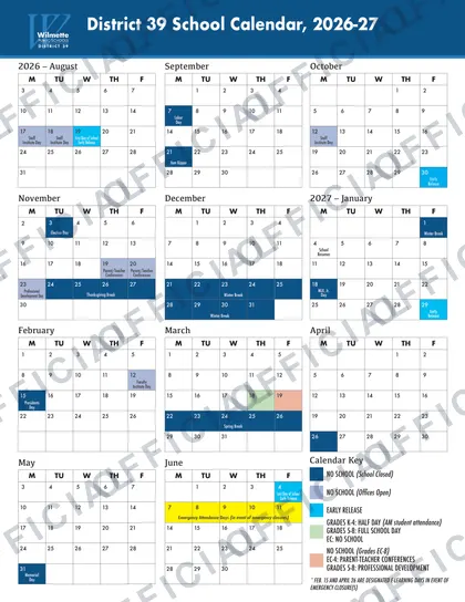 Wilmette Public Schools District 39 2026-27 calendar