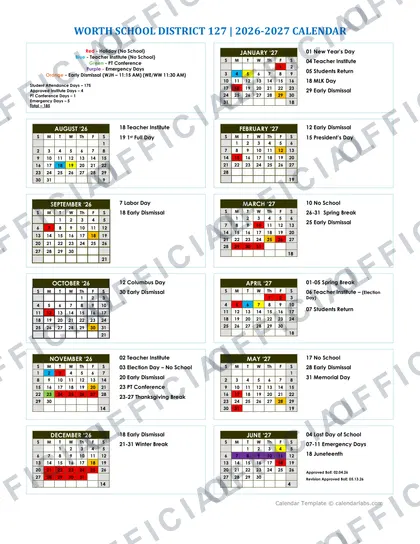 WORTH SCHOOL DISTRICT 127 2026-27 calendar