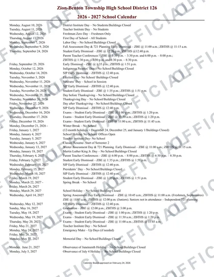 Zion-Benton Township High School District 126 2026-27 calendar
