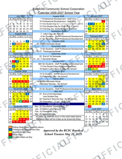 Batesville Community School Corporation 2026-27 calendar